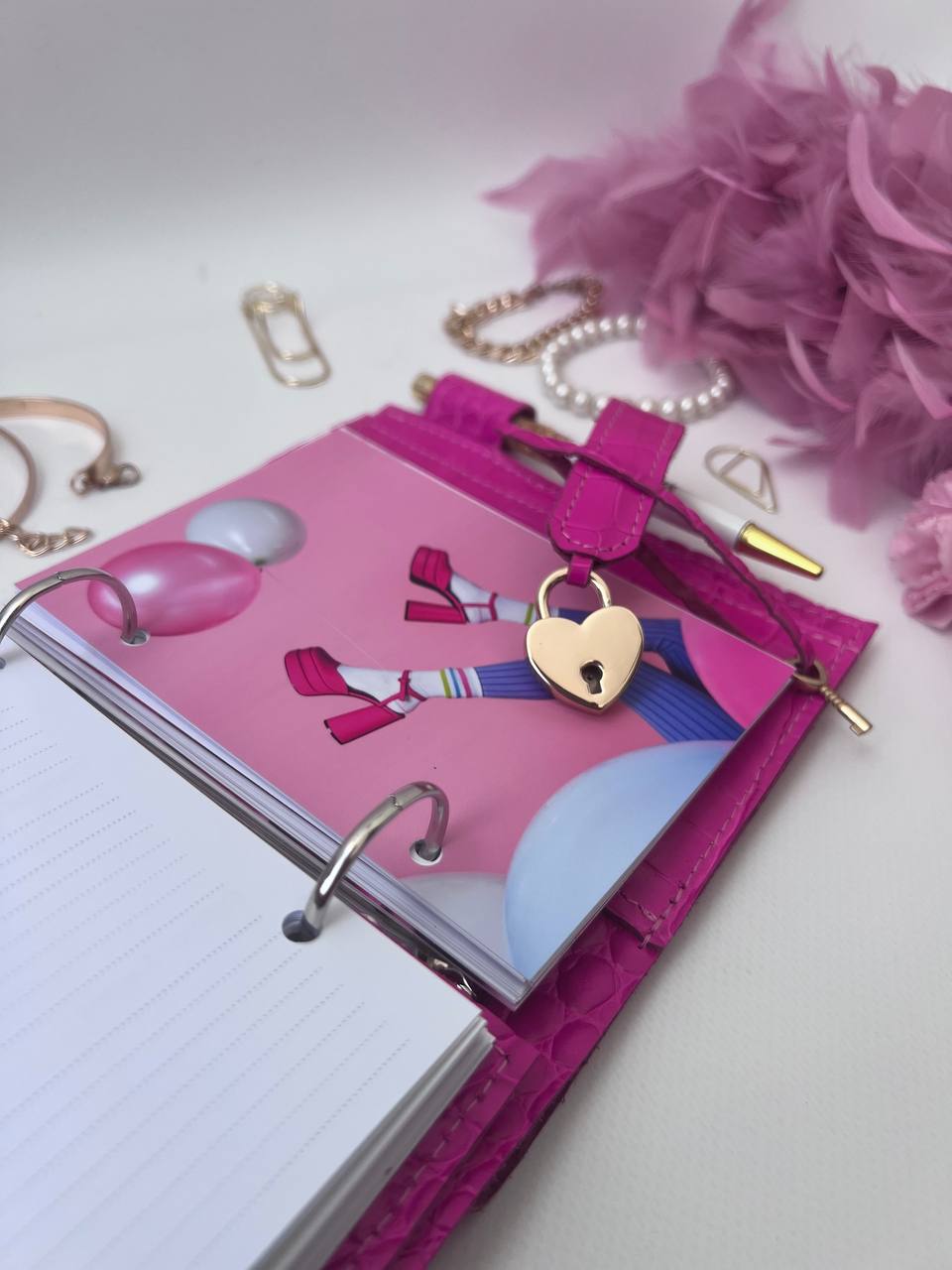 Hot pink leather notebook cover A7 mini wallet planner.