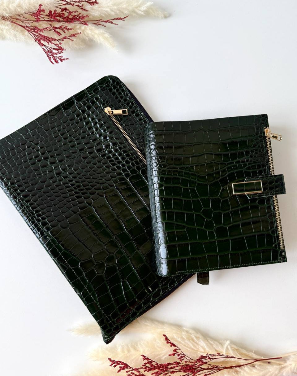 Marble green leather set folder for documents a4 and notebook a5. Together cheaper.