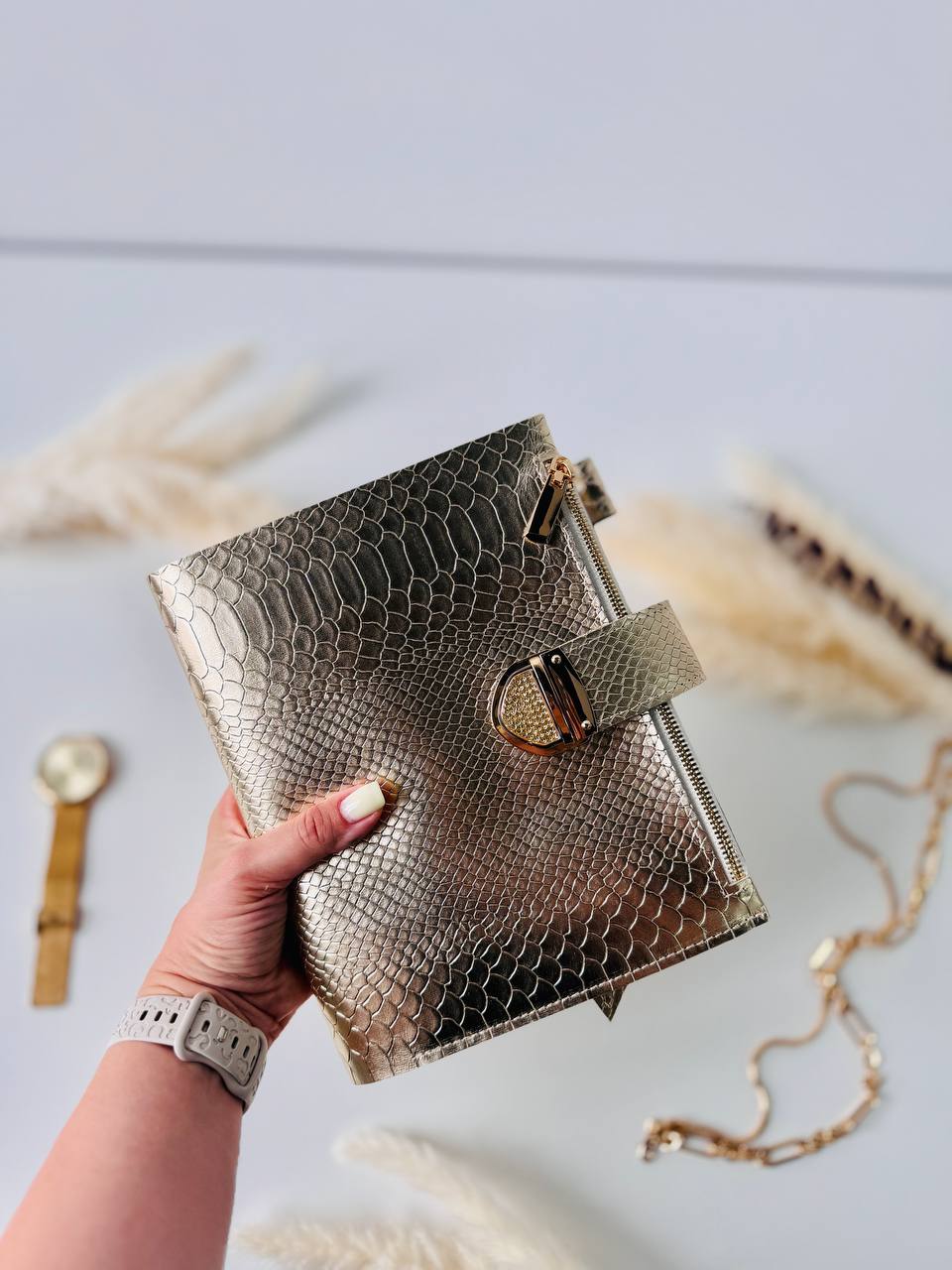 Gold leather planner binder A5.