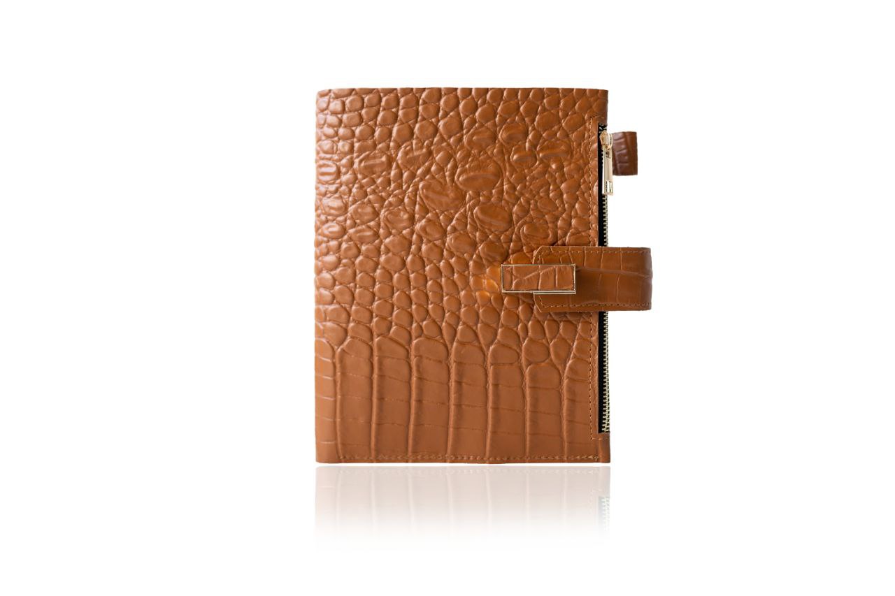 Rare brown leather notebook cover A5 with textured crocodile pattern and zipper closure.