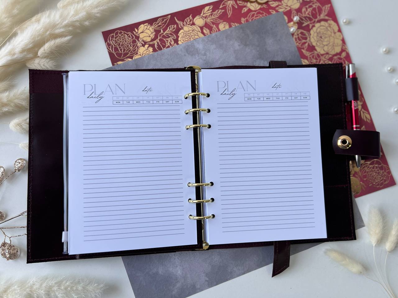 Leather classic Burgundy notebook cover A5 with binder 6 rings, Leather template, A5 ring binder, Leather wallet template,Binder wallet.