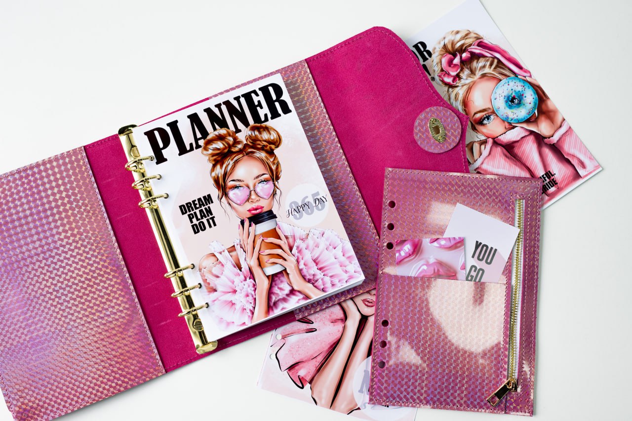 RARE holographic pink leather notebook cover A5. Natural Italian Leather Pink Planner A5, Leather template, A5 ring binder,Binder a5.