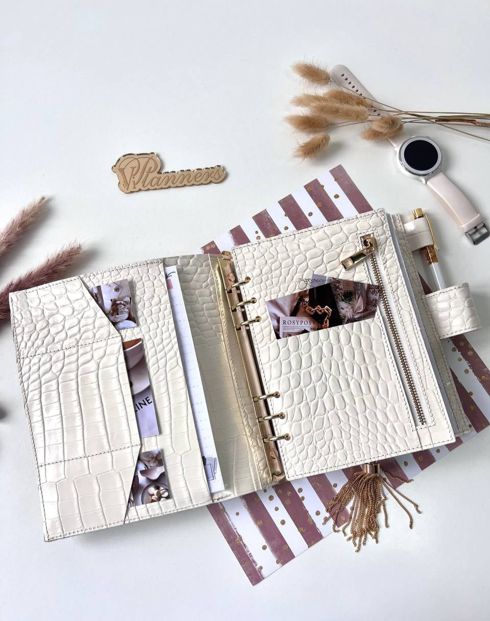 Personalized DAY WITH TIME leather planner big binder A5- cover for documents A4 and A5 format.