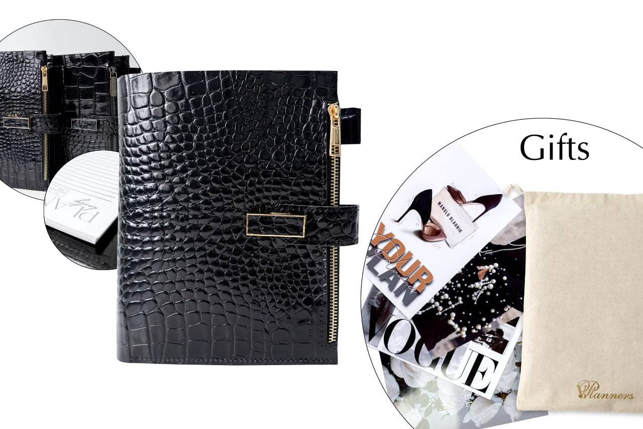 Cyprus, Limassol. Black croco leather notebook cover A5 for documents A4 and A5 format.