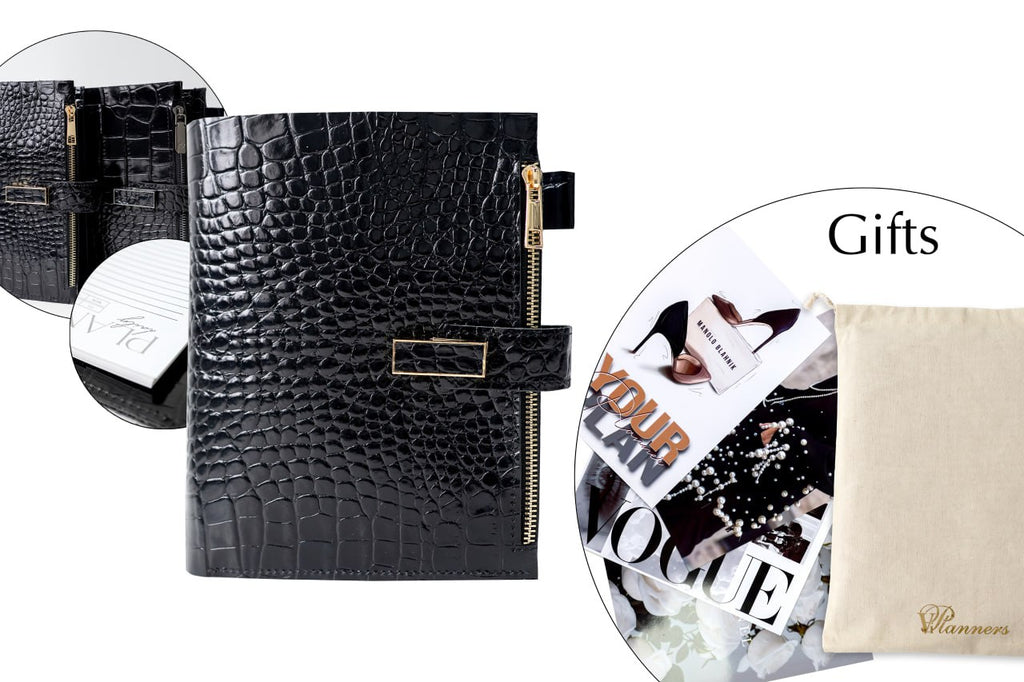 Black croco leather notebook cover A5 for documents A4 and A5 format.