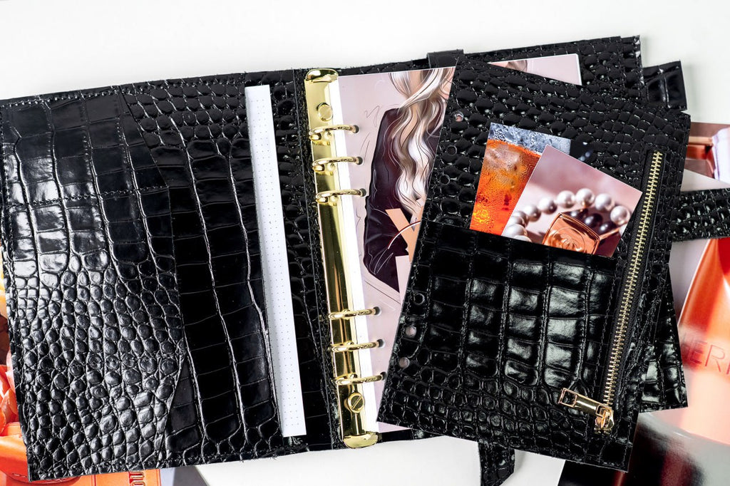 Black croco leather notebook cover A5 for documents A4 and A5 format.