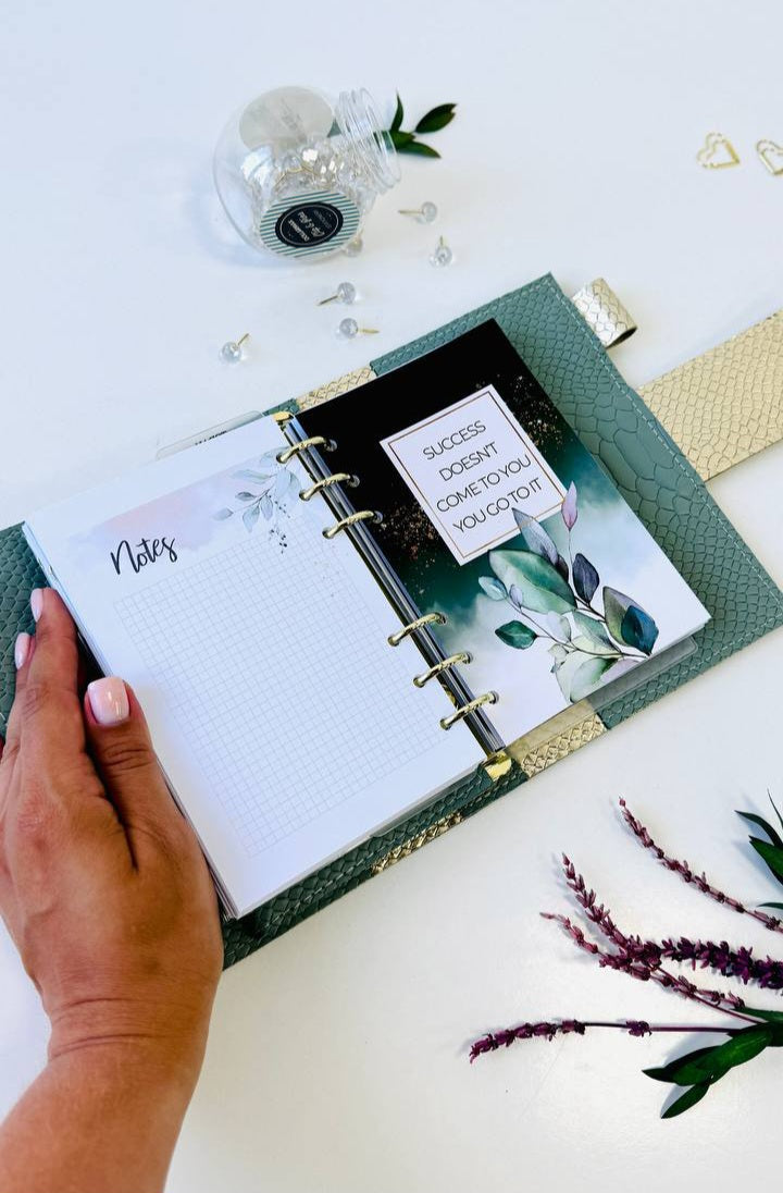 Pistachio Green A6 Genuine Leather Planner Binder – Gold Snake Accent with Panther Clasp