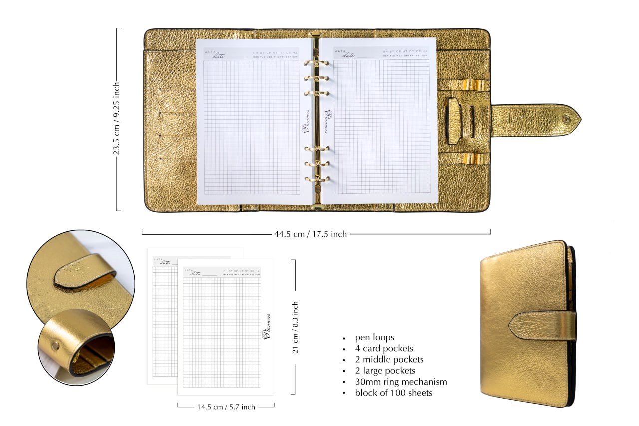 Gold Natural Italian Leather Planner A5, gift for her, perfect planner, Ring Planner Agenda A5 Six Ring Planner and Ring Personal Planner.