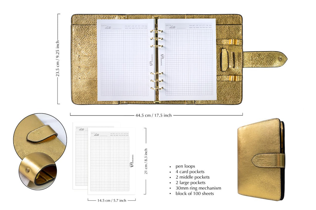Gold Natural Italian Leather Planner A5, gift for her, perfect planner, Ring Planner Agenda A5 Six Ring Planner and Ring Personal Planner.