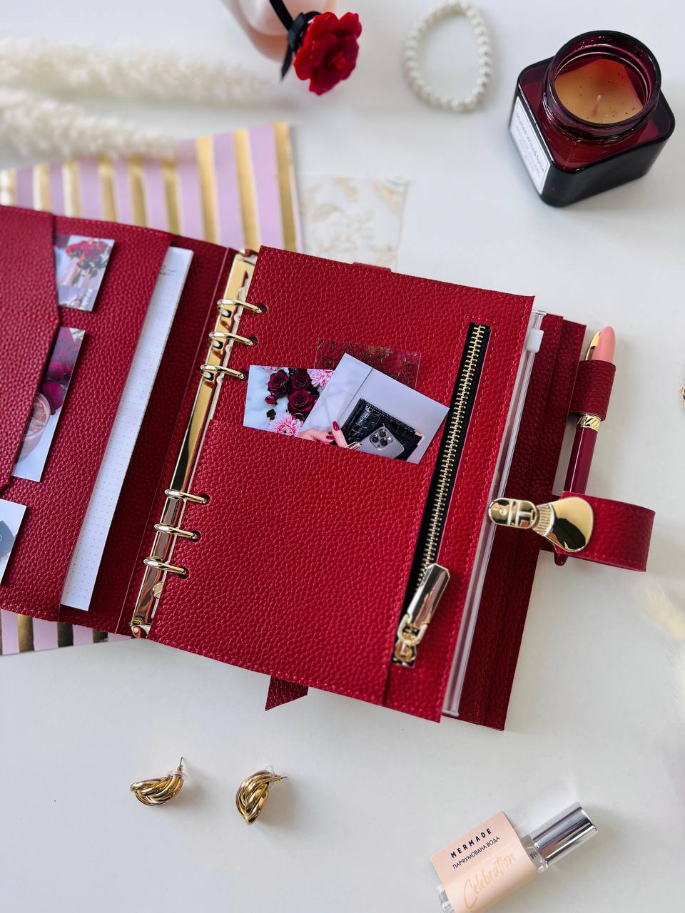 Red leather notebook cover A5 for documents A4 and A5 format.