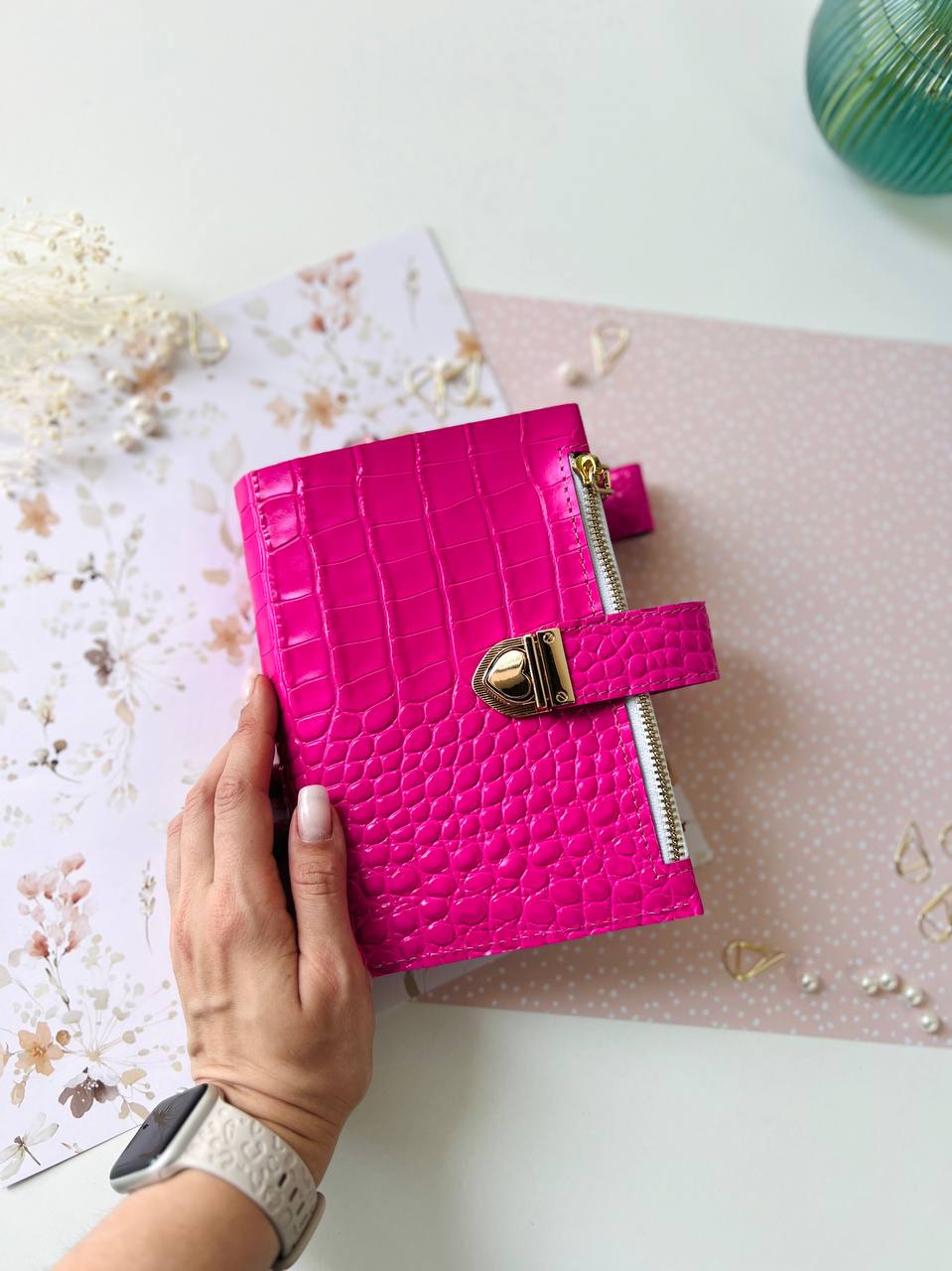 English language A6 NEW SIZE leather hot pink double planner cover binder 6 rings binder, leather planner, gift for her, medium size planner.