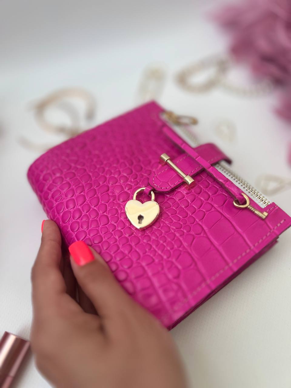 Hot pink leather notebook cover A7 mini wallet planner.