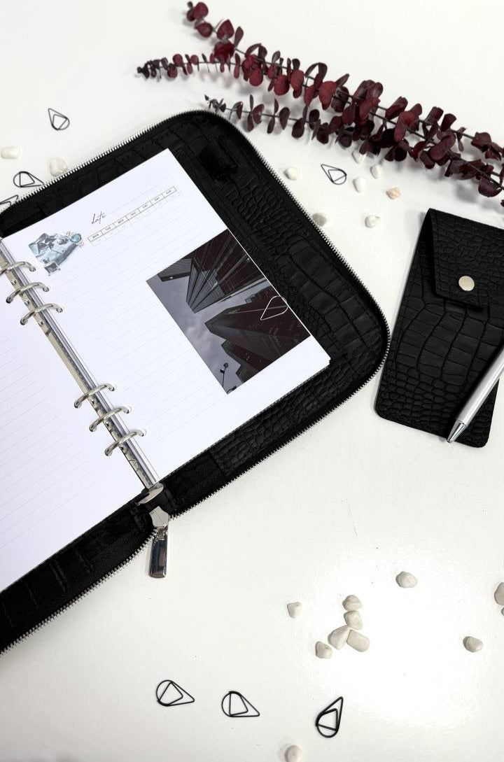 Perfect Gift for Him | Handmade Genuine Black Leather A5 Zippered Planner Set with Pen Case