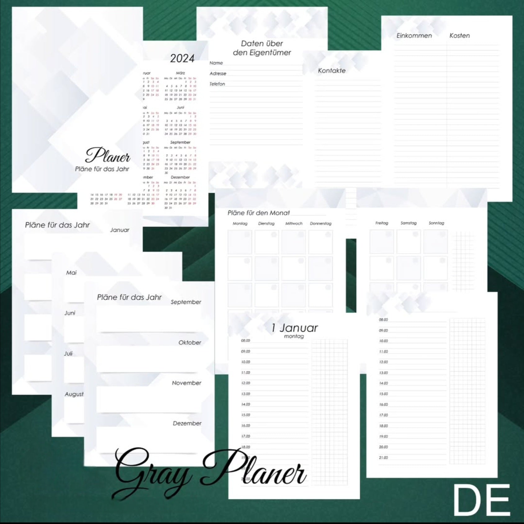 Dated day with time. Printed planner pages, size A5, dated 2025/2026/2027/2028 , dated notebook, many languages.