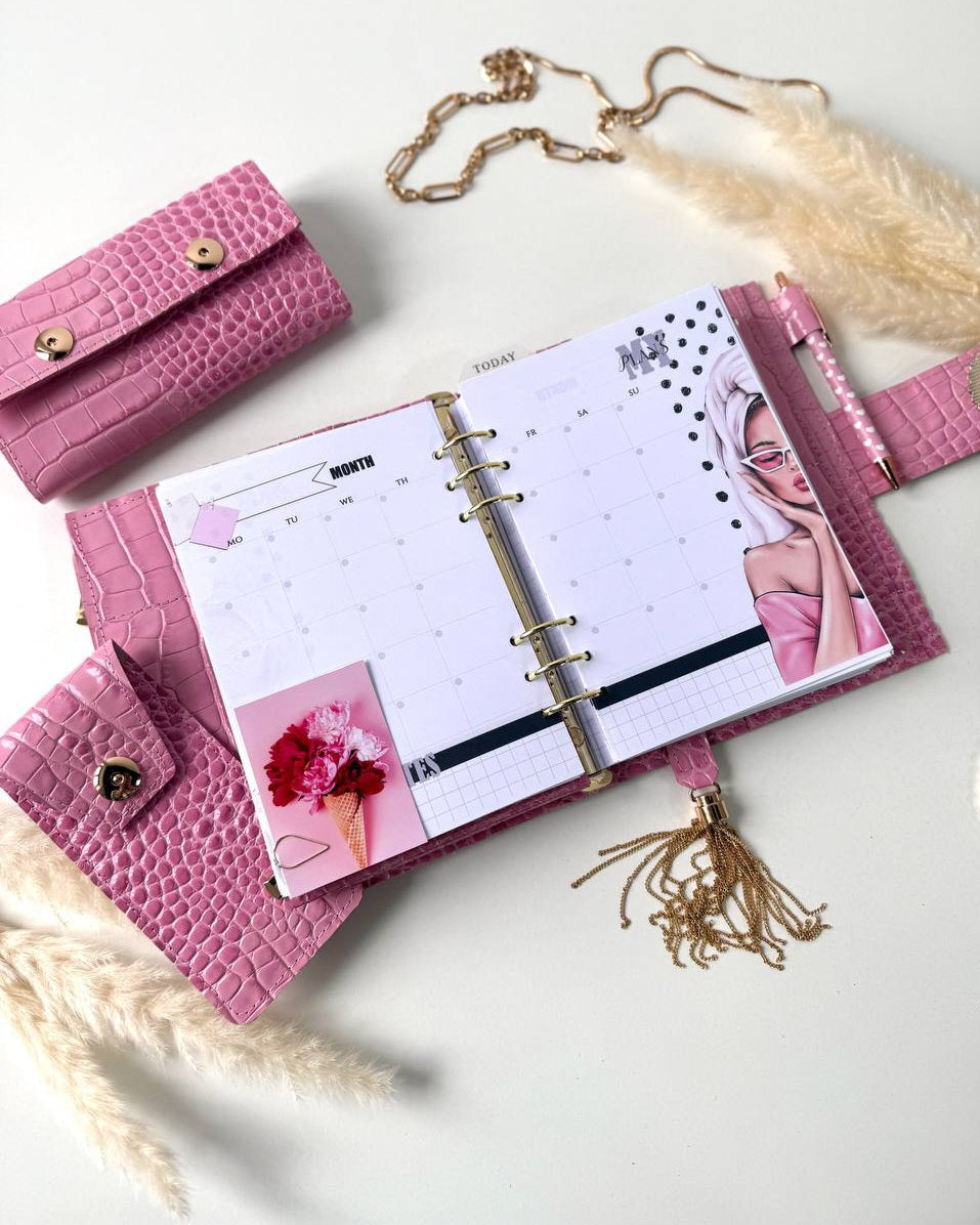 Pink leather gift- planner A5, wallet and pencil case.