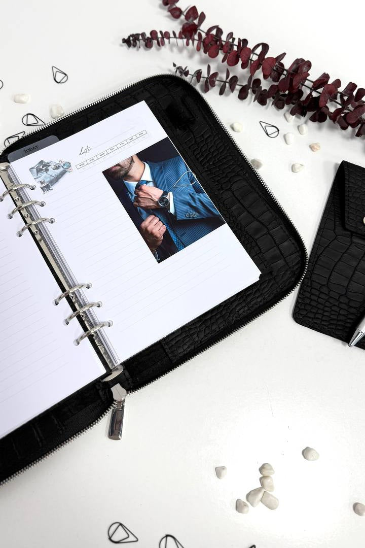 Perfect Gift for Him | Handmade Genuine Black Leather A5 Zippered Planner Set with Pen Case
