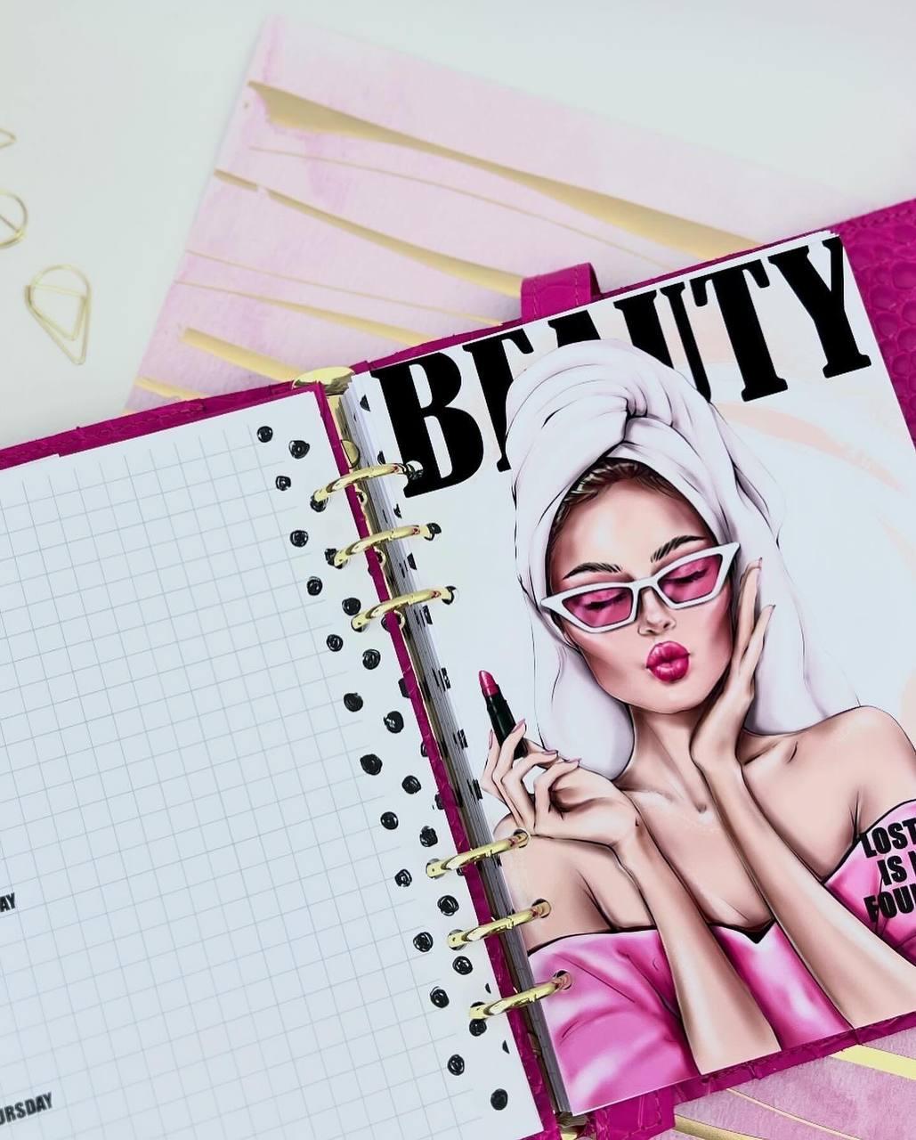 Hot pink leather notebook cover A5 with big gold binder. Cover for A4 and A5 documents format.