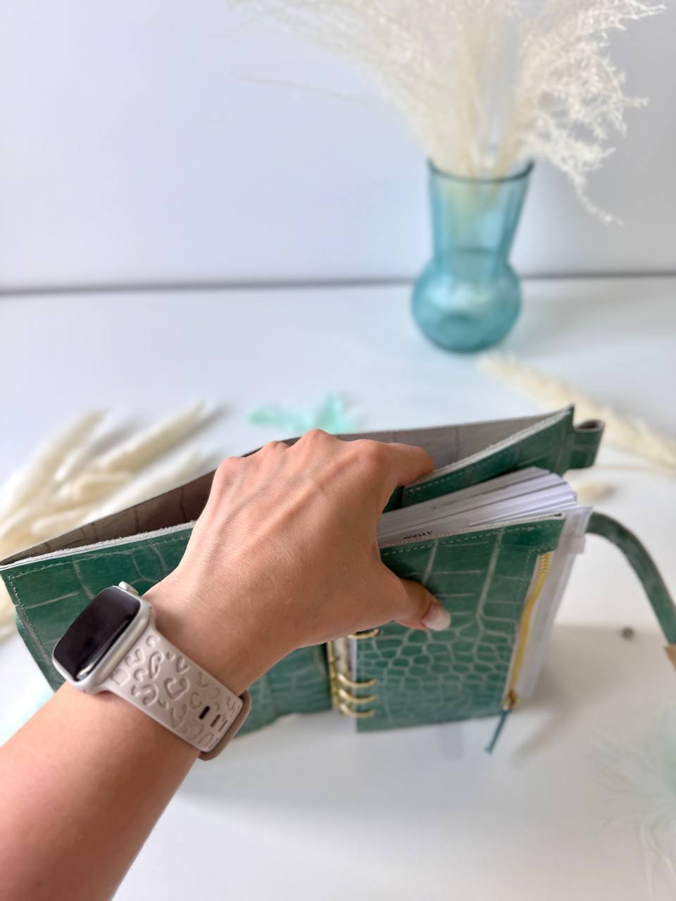 A6 NEW SIZE RARE leather green double planner cover binder 6 rings binder, dated planner, leather planner, gift for her, medium size planner.