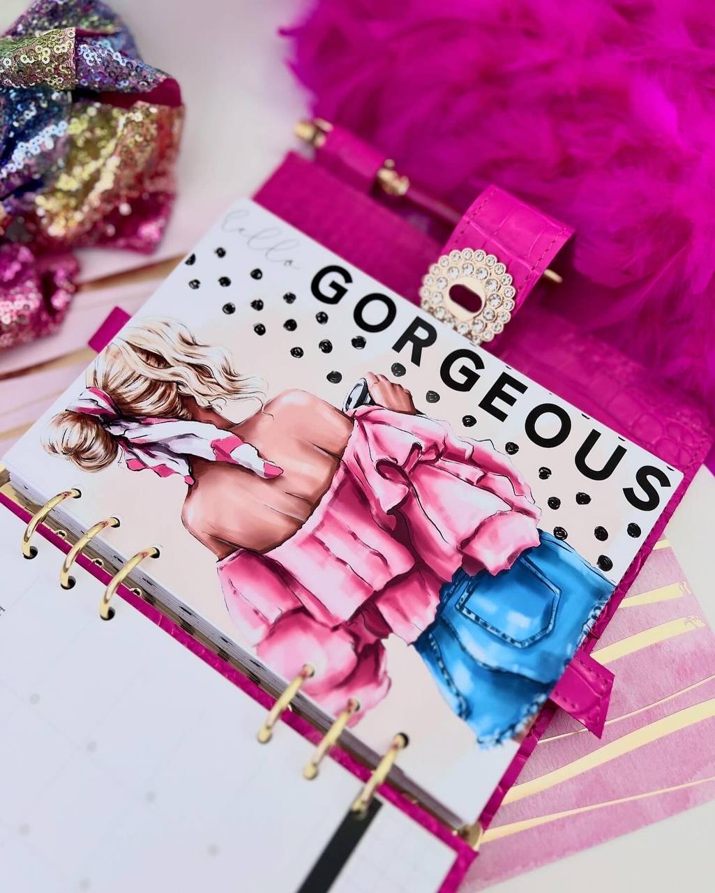 Cyprus, Limassol. Hot pink leather notebook cover A5 with big gold binder. Cover for A4 and A5 documents format.