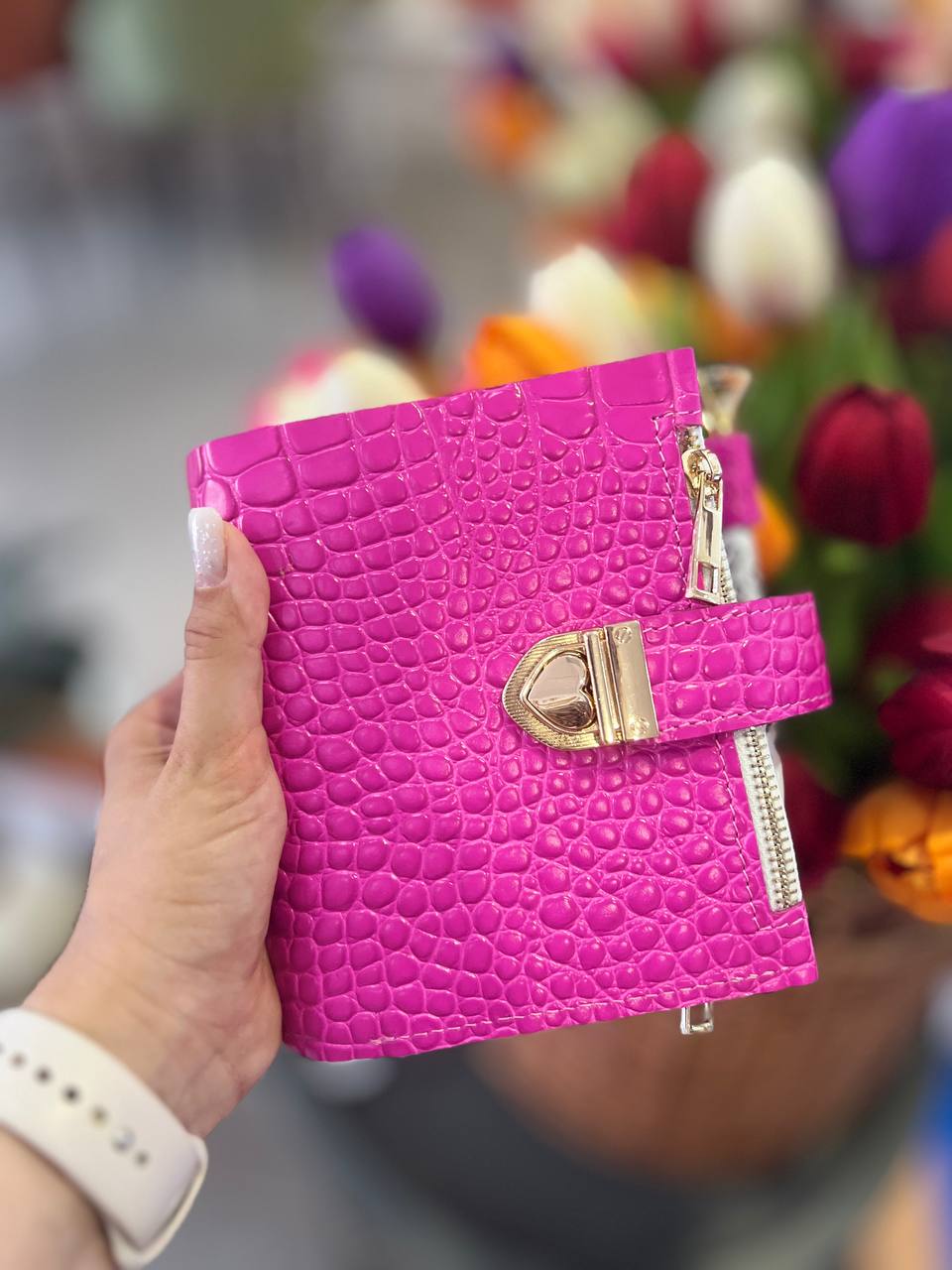 Hot pink leather notebook cover A7 mini wallet organizer 6 big binder rings.