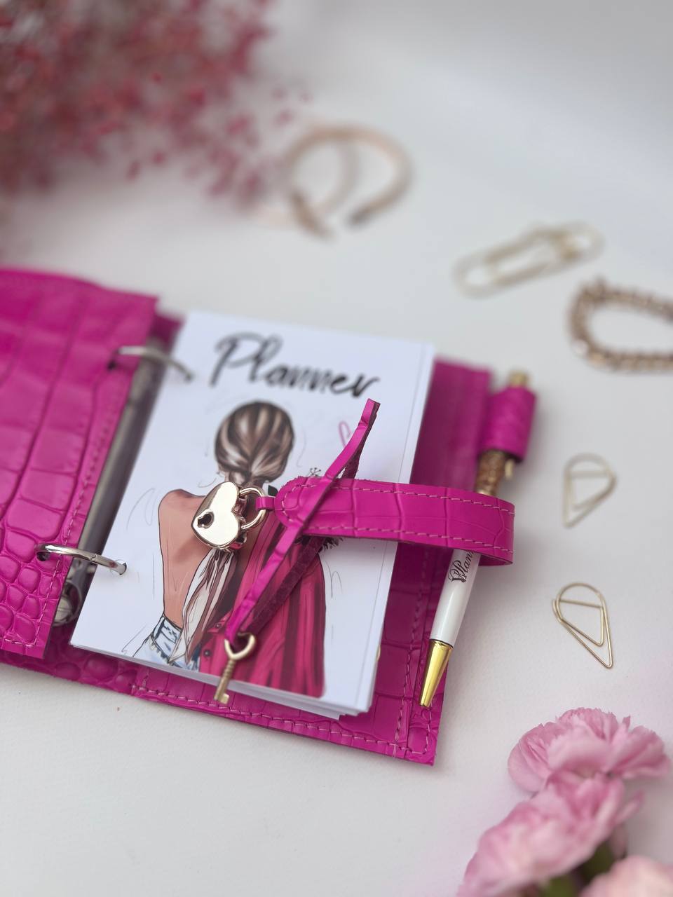 Hot pink leather notebook cover A7 mini wallet planner.