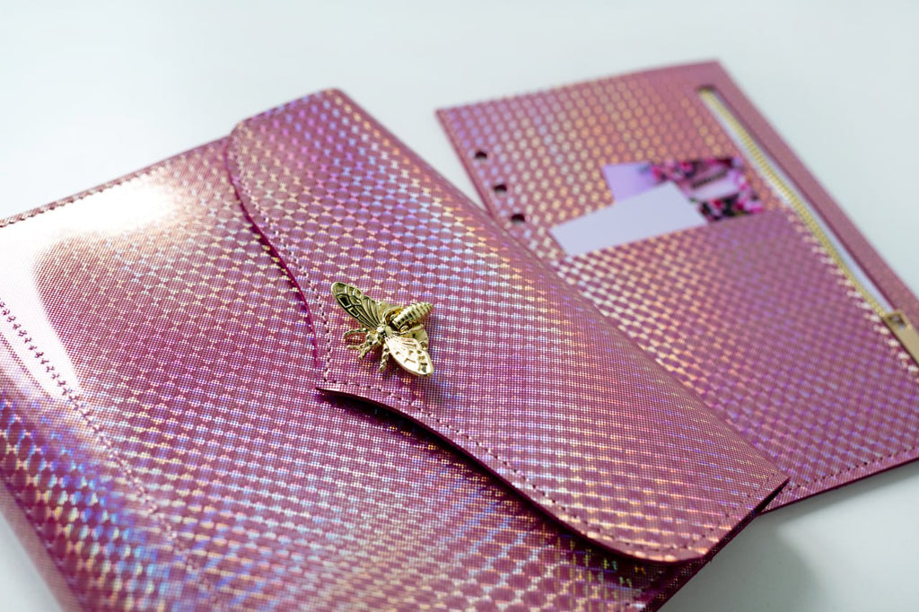 RARE holographic pink leather notebook cover A5. Natural Italian Leather Pink Planner A5, Leather template, A5 ring binder,Binder a5.