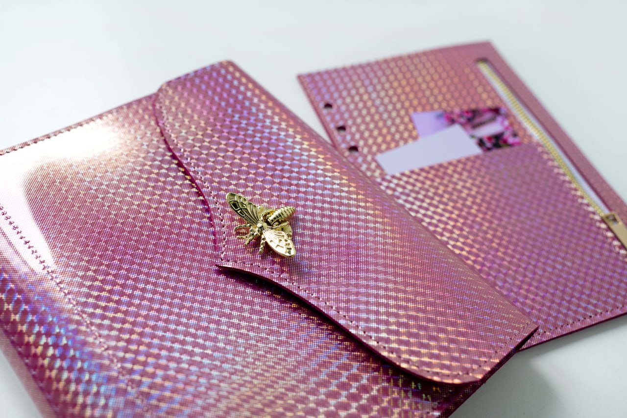 RARE holographic pink leather notebook cover A5. Natural Italian Leather Pink Planner A5, Leather template, A5 ring binder,Binder a5.