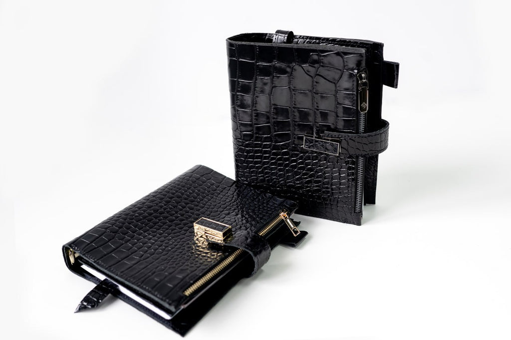 Black croco leather notebook cover A5 for documents A4 and A5 format.