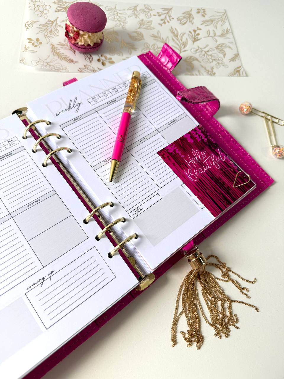 Hot pink leather planner A5 for documents A4 and A5 format. Weekly planning.