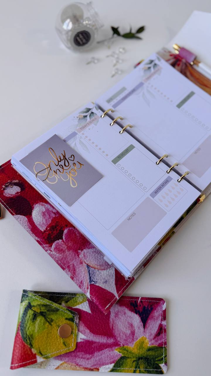 Handcrafted A5 Genuine Leather Floral Planner Binder Set with Matching Pencil Case