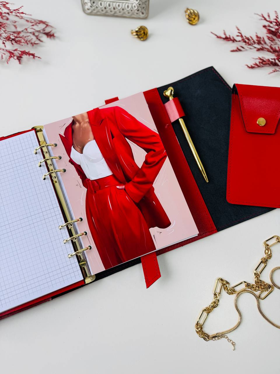 The Ultimate Statement Accessory: Red & Black Genuine Leather Gift Set. Red and black leather notebook cover A5 with leather pencil case- perfect gift 2026.
