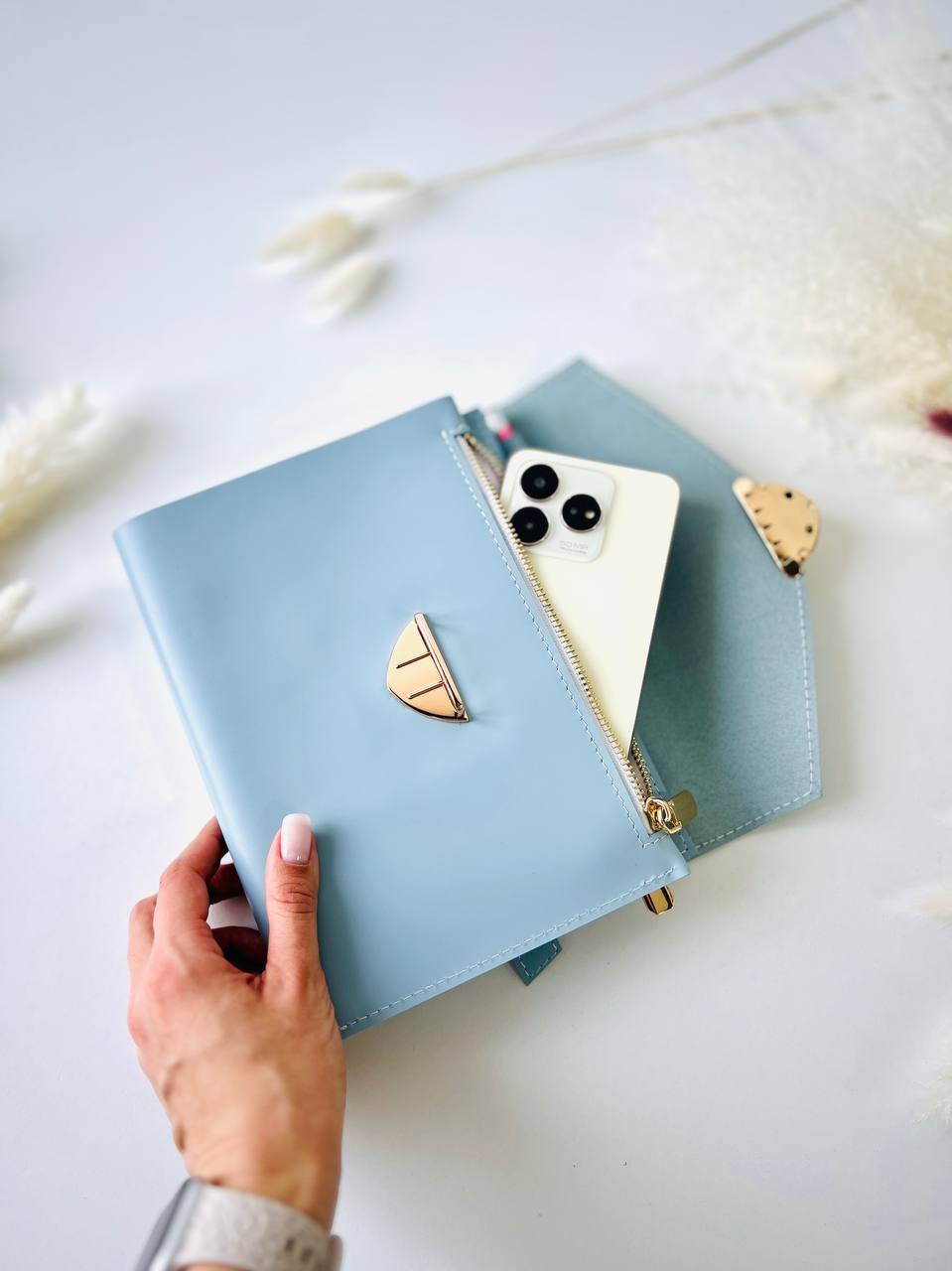 Blue leather notebook cover A5.