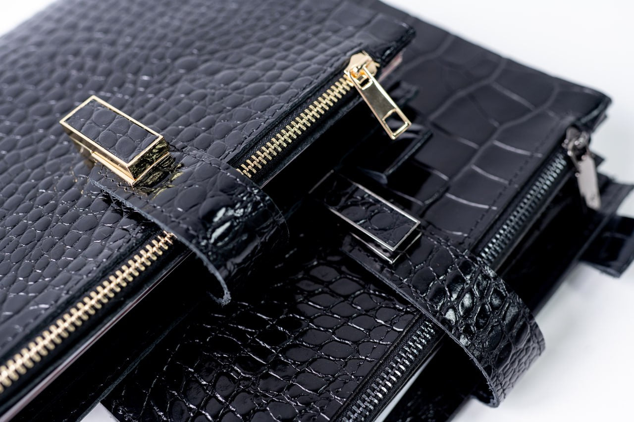 Cyprus, Limassol. Black croco leather notebook cover A5 for documents A4 and A5 format.