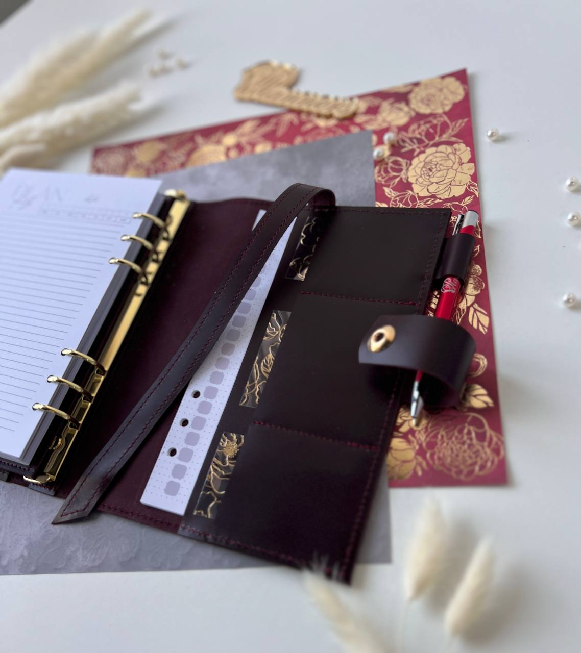 Leather classic Burgundy notebook cover A5 with binder 6 rings, Leather template, A5 ring binder, Leather wallet template,Binder wallet.