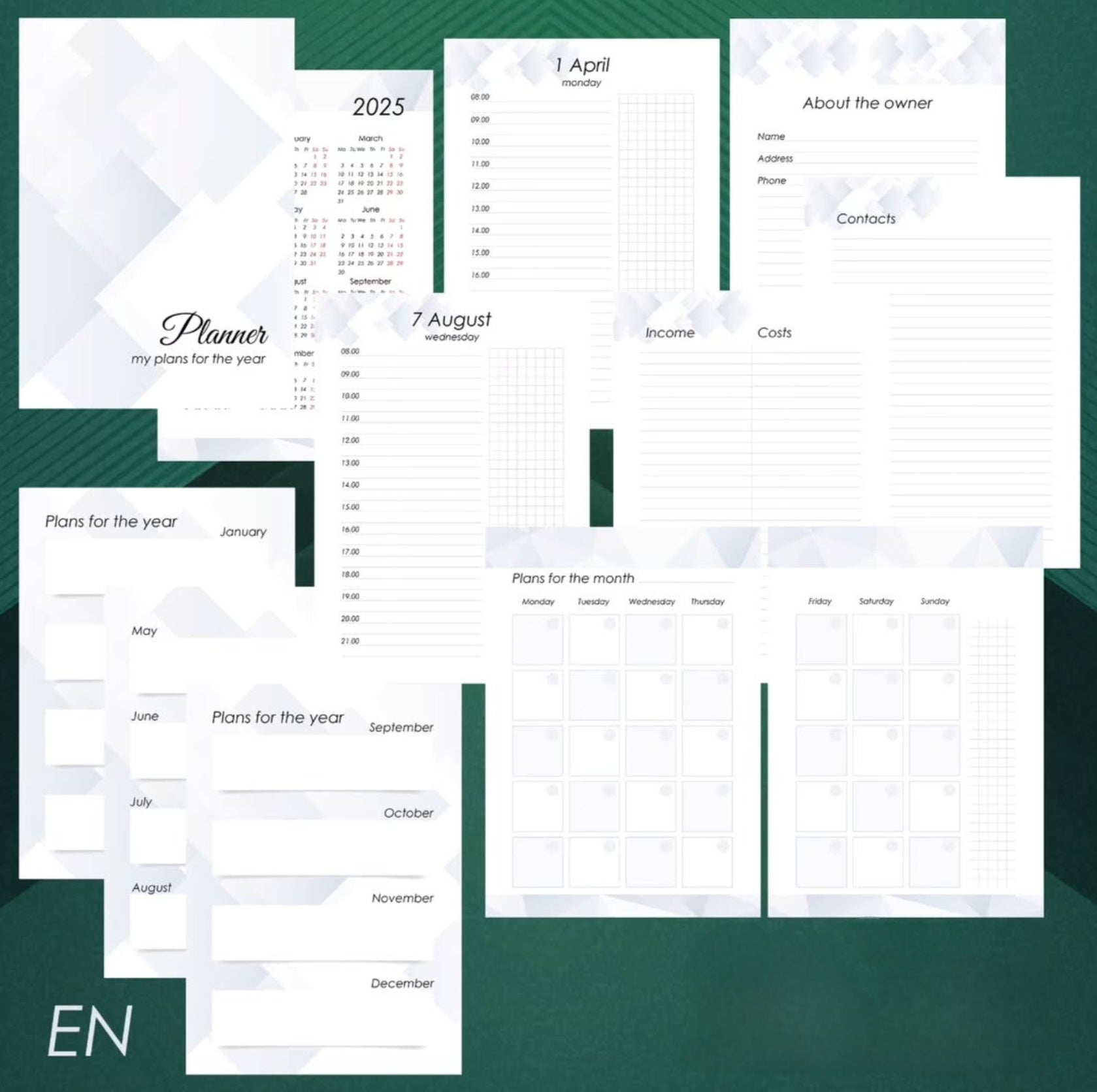 Dated day with time. Printed planner pages, size A5, dated 2025/2026/2027/2028 , dated notebook, many languages.