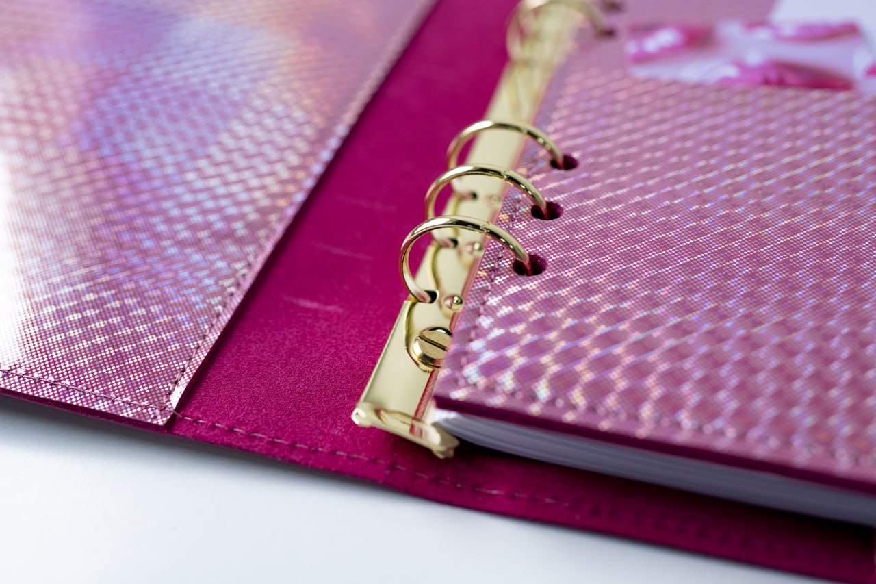 RARE holographic pink leather notebook cover A5. Natural Italian Leather Pink Planner A5, Leather template, A5 ring binder,Binder a5.