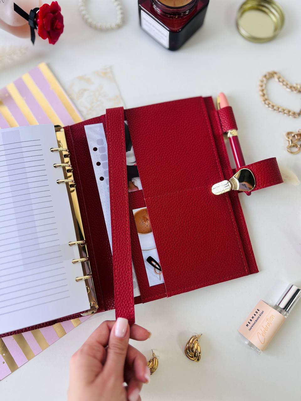 Red leather notebook cover A5 for documents A4 and A5 format.