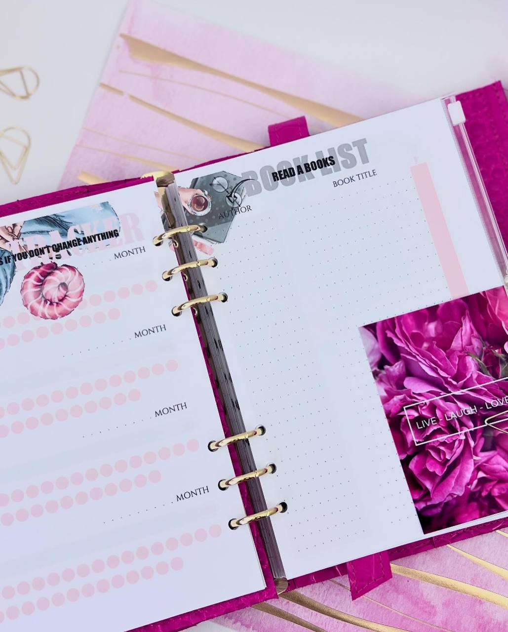 Hot pink leather notebook cover A5 with big gold binder. Cover for A4 and A5 documents format.