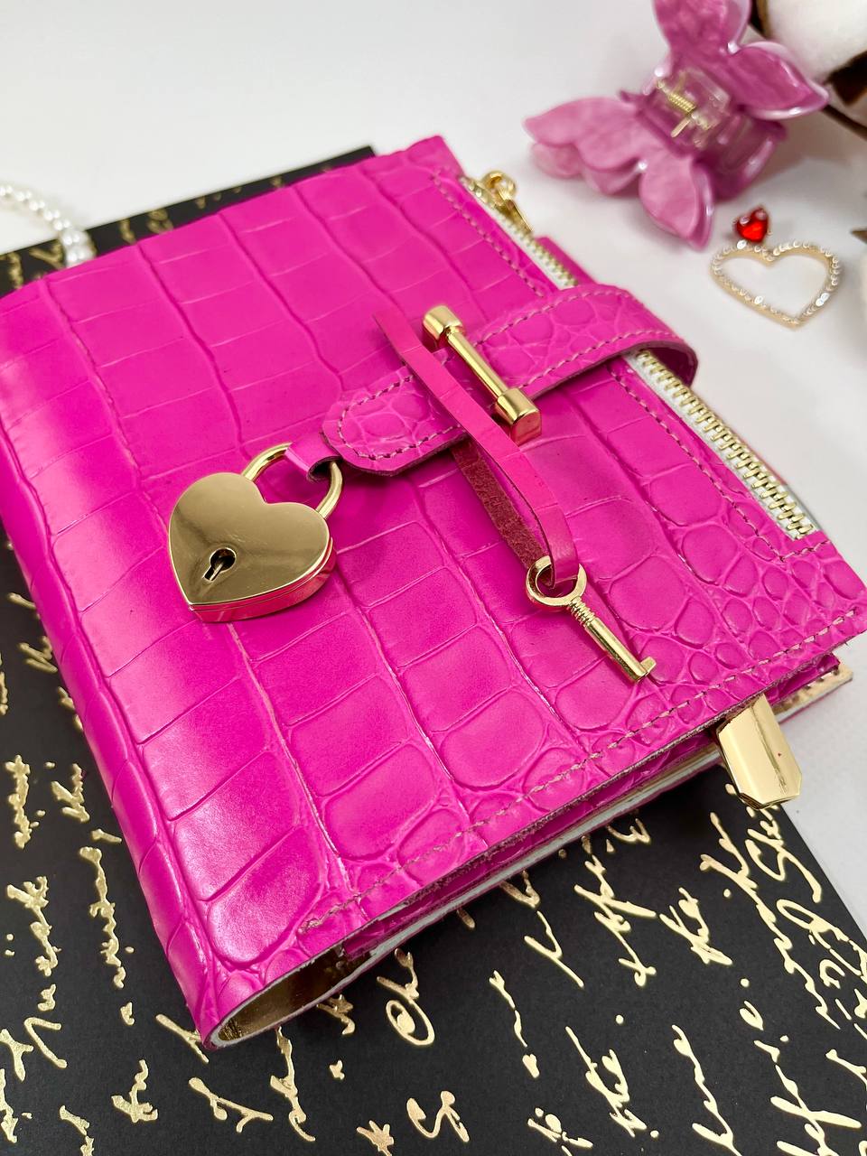 Hot pink with gold leather notebook cover A7 mini wallet organizer.