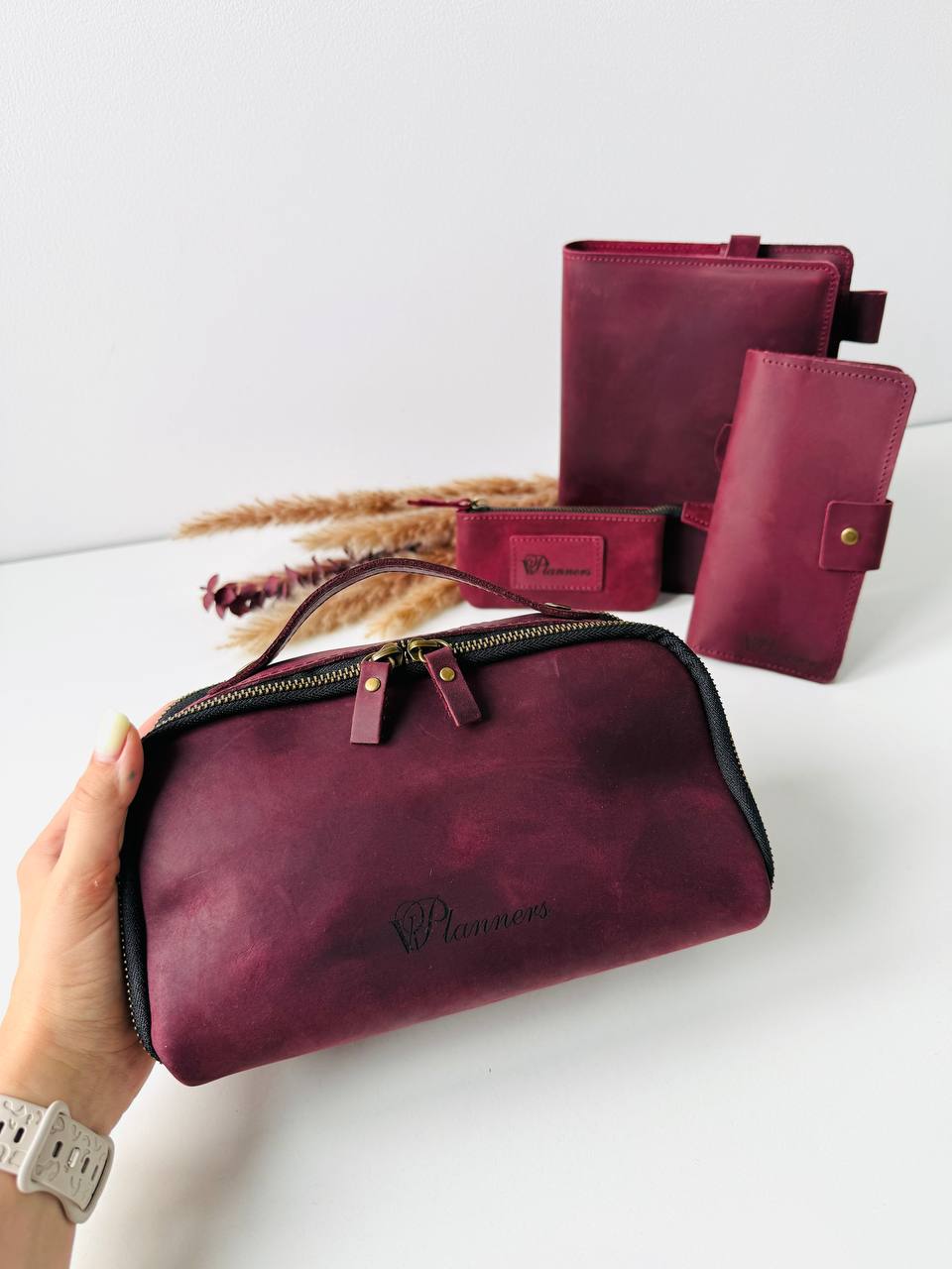 Luxury Leather Gift Set: Notebook, Wallet, Cosmetic Bag, Keychain - Personalized.