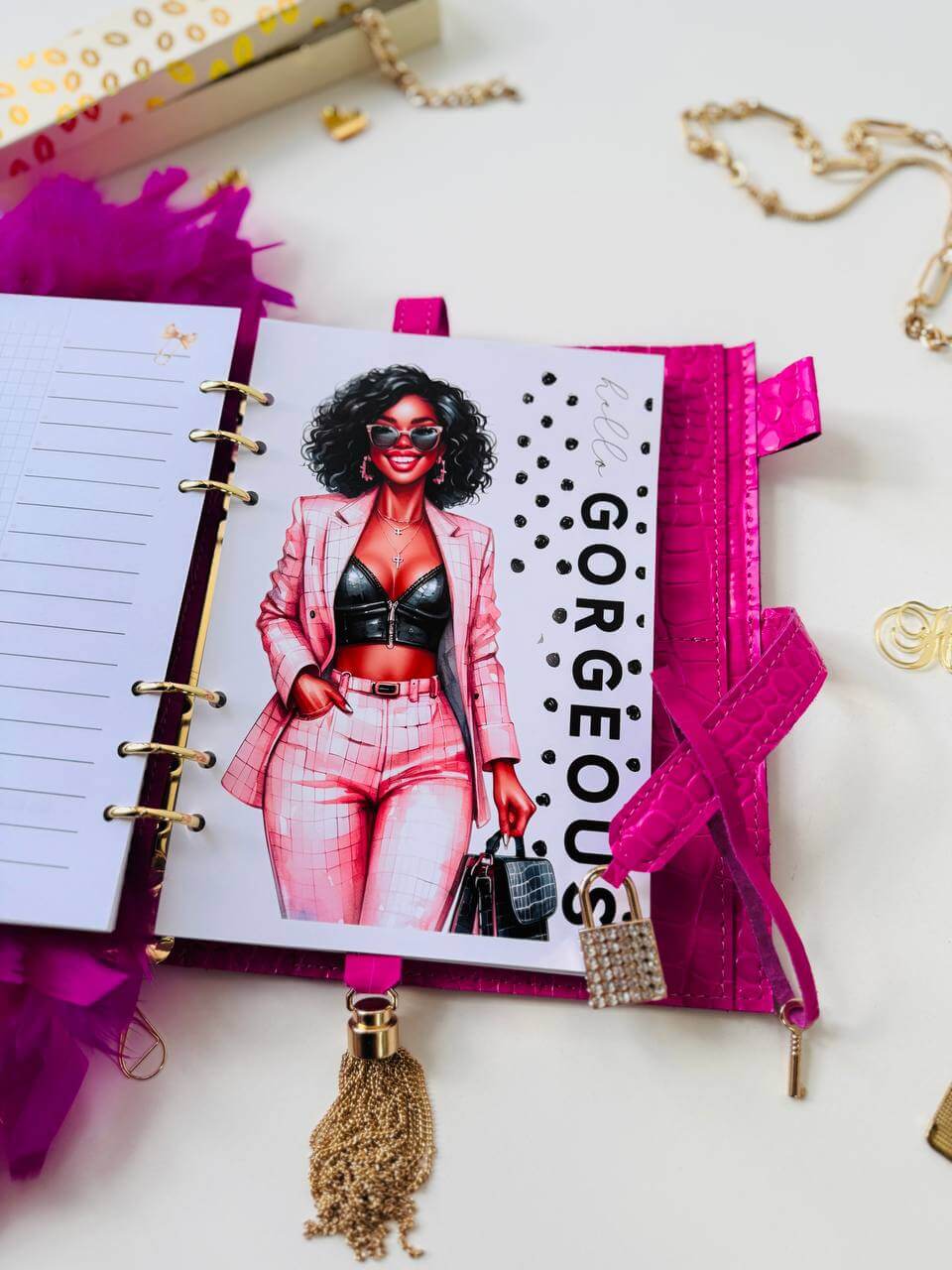 Hot pink leather planner A5 with secret lock in the stones with gifts 🎁