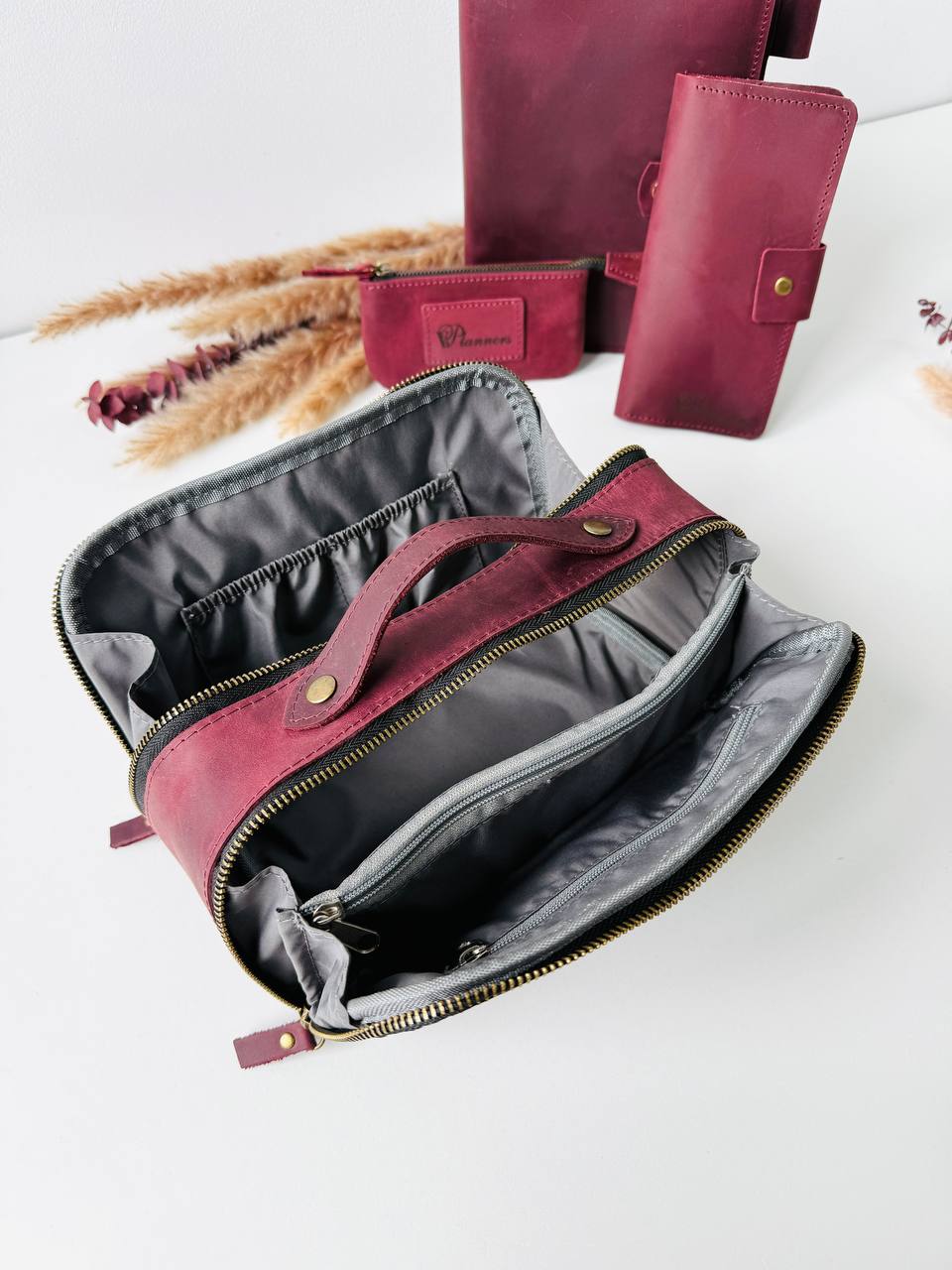 Luxury Leather Gift Set: Notebook, Wallet, Cosmetic Bag, Keychain - Personalized.