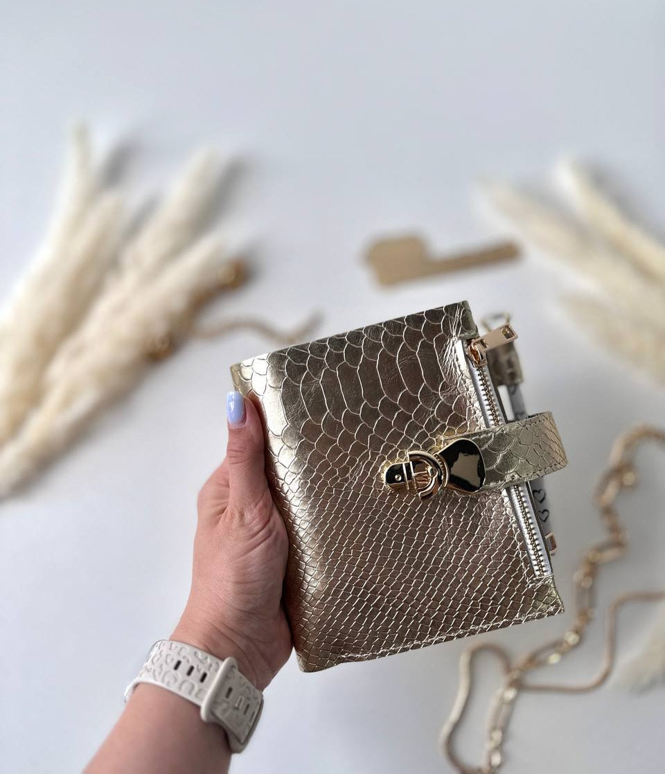 Gold Leather mini notebook cover A7 binder,Planner A7 binder personal size, leather planner, planner binder2 rings, time diary for work.