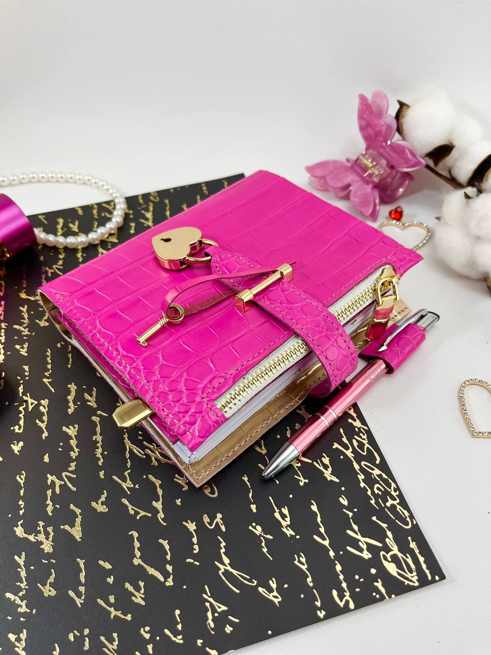 Hot pink with gold leather notebook cover A7 mini wallet organizer.