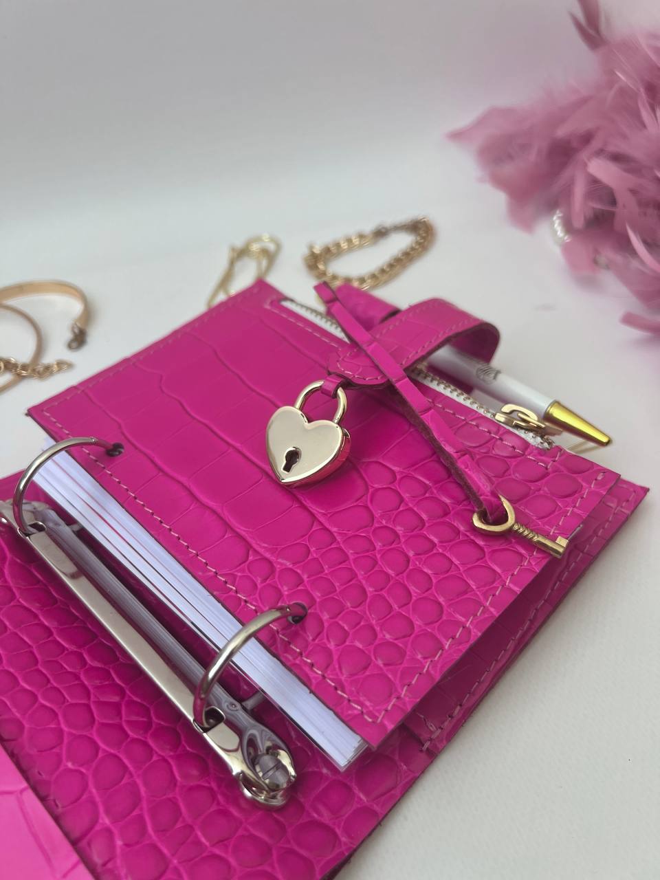 Hot pink leather notebook cover A7 mini wallet planner.