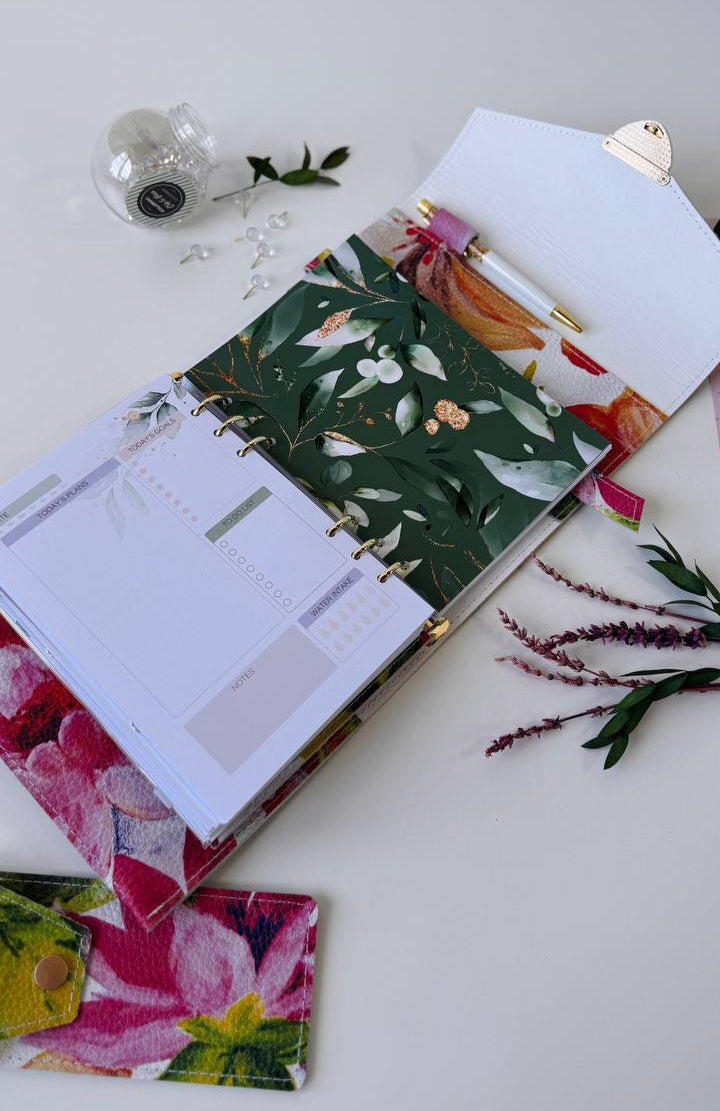 Handcrafted A5 Genuine Leather Floral Planner Binder Set with Matching Pencil Case