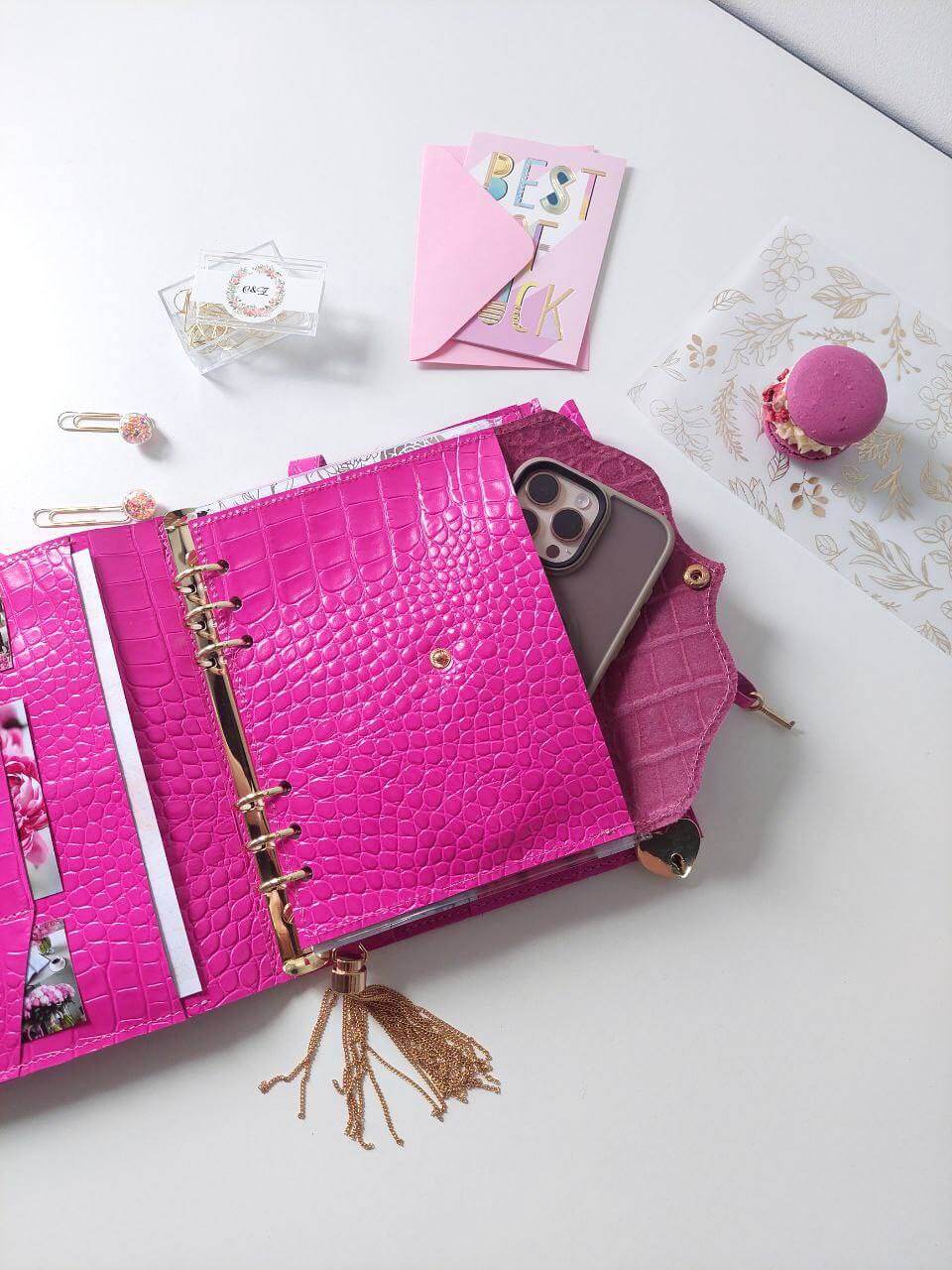 Hot pink leather planner A5 big binder weekly planning.